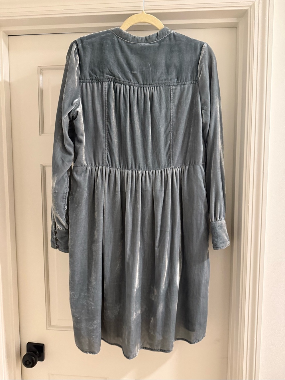 HOLDING HORSES Anthropologie Silver Blue Burnt Velvet Long-Sleeve Button Dress - Picture 7 of 8